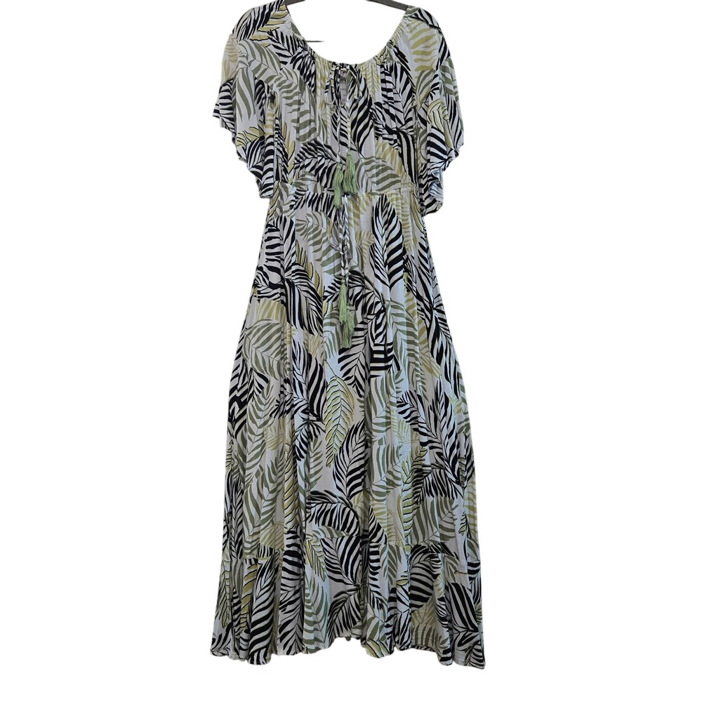 Label of Love Tropical Leaf Print Maxi Dress Green White Tassel Boho Summer S